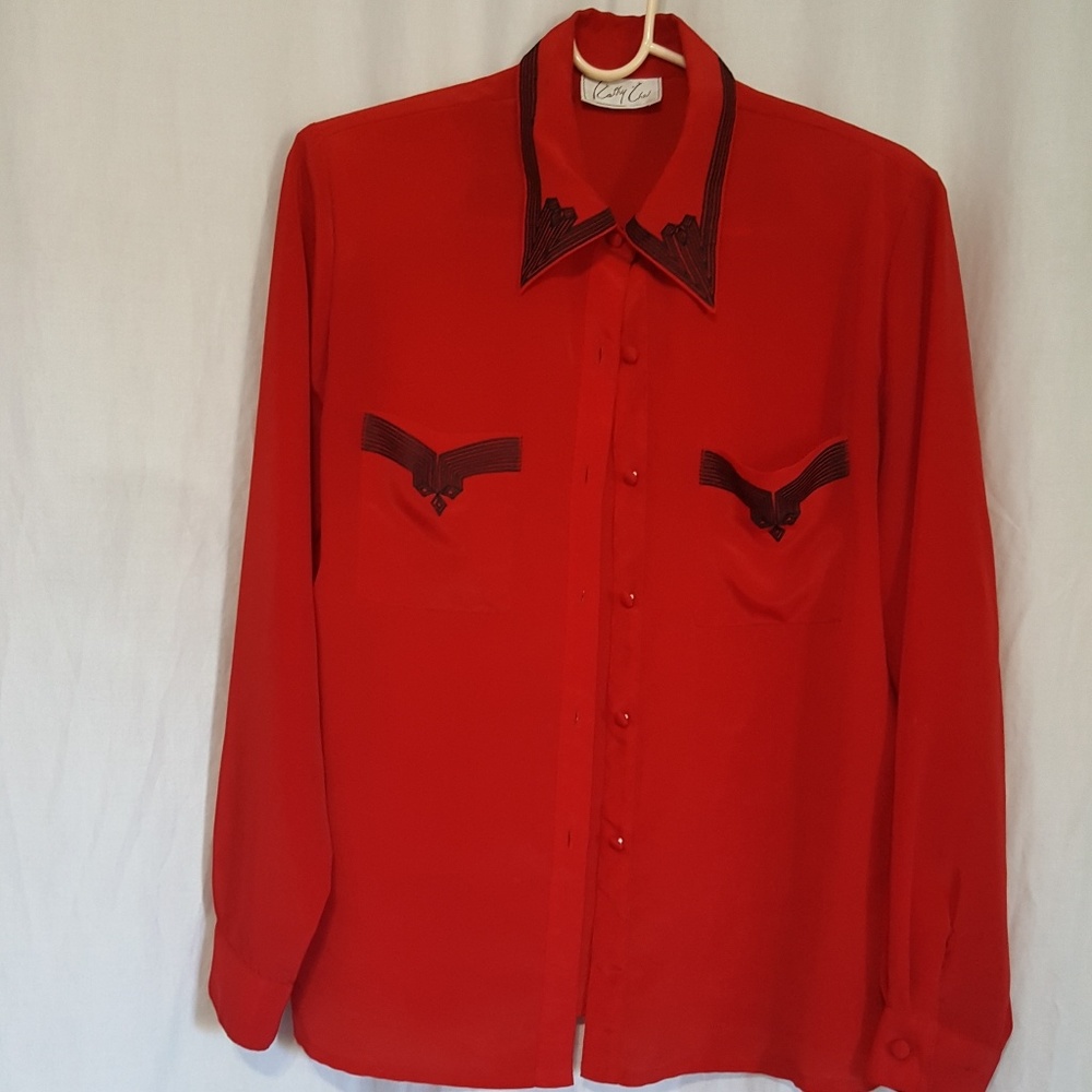 Red button-down with ornate embroidery
